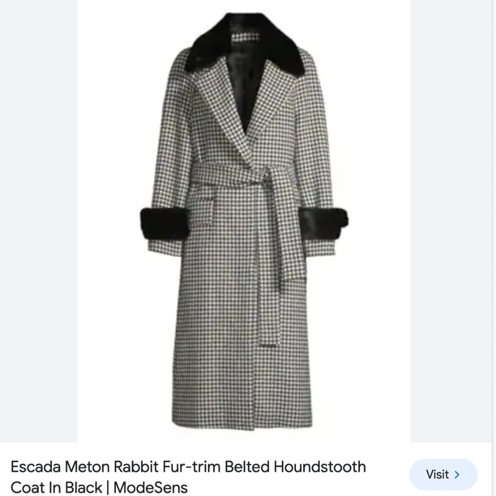 Escada Wool Trench Coat Houndstooth Fur Accents - Excellent Condition